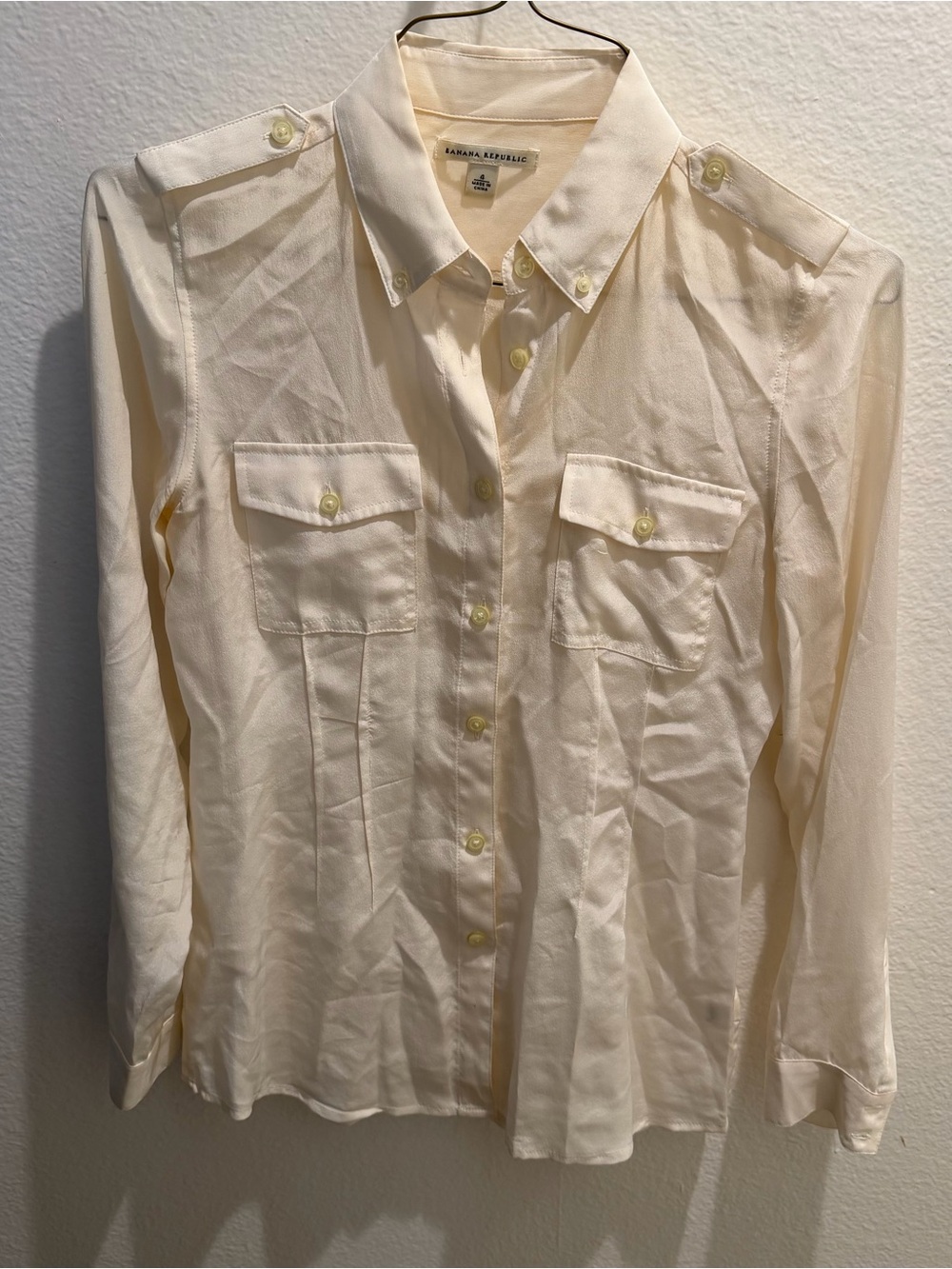 Banana Republic 100% Silk Cream Button-Up Utility Blouse